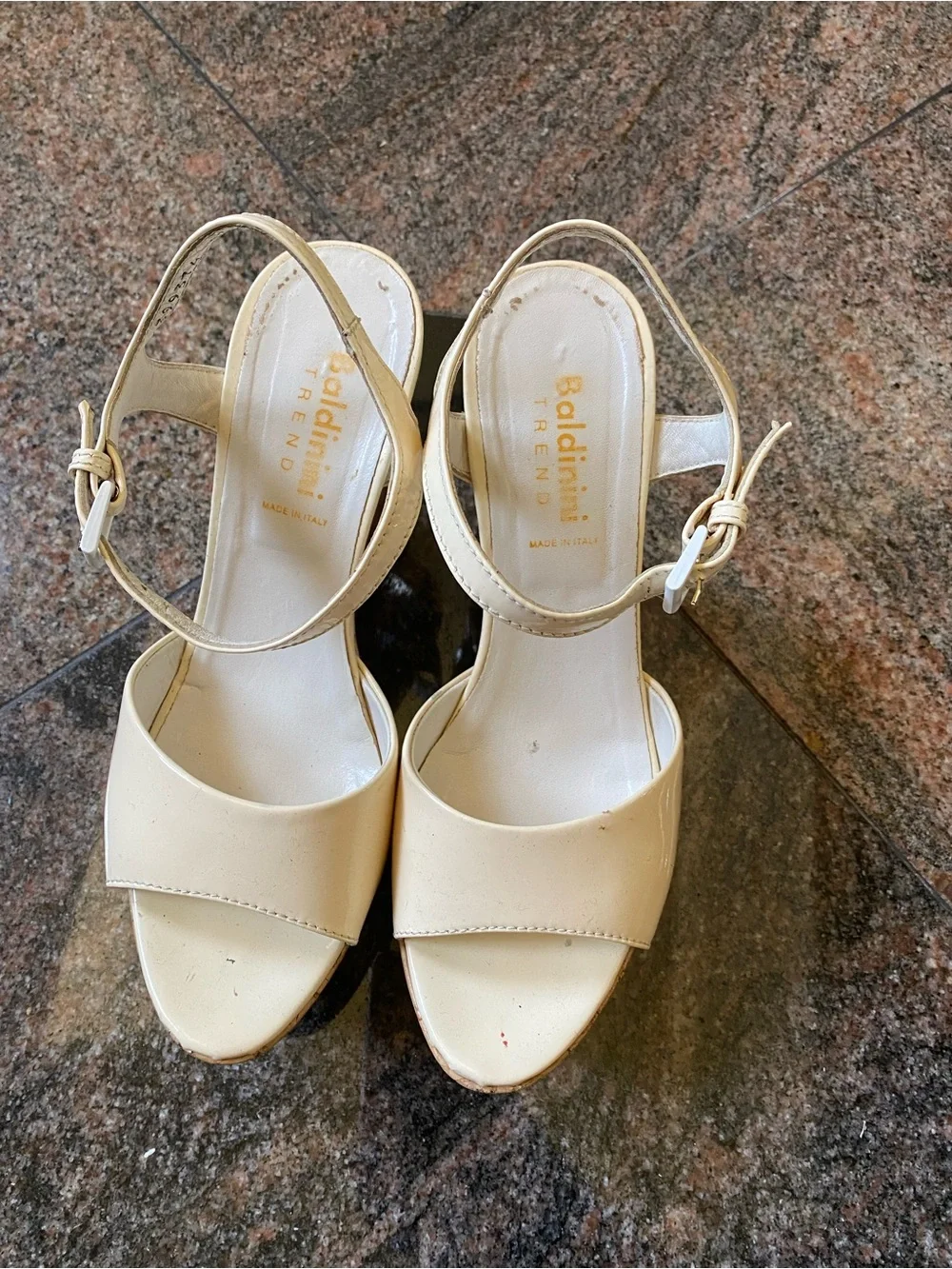 Baldinini Cream Patent Platform Sandals with Cork Platform